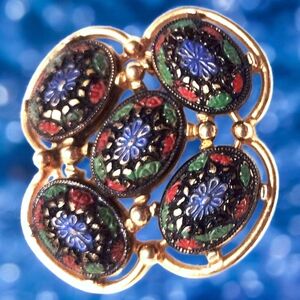 Vntg SARAH COVENTRY Gold Red & Blue Floral Brooch with Intricate Designs SIGNED